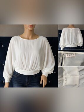 Relaxed White Batwing Blouse with Gathered Hem